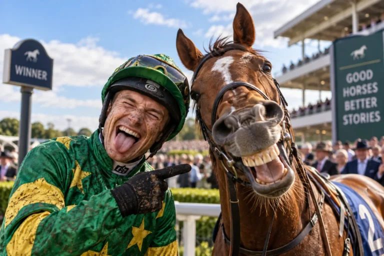 Funny horse racing quotes featured image with a jockey laughing beside a racehorse
