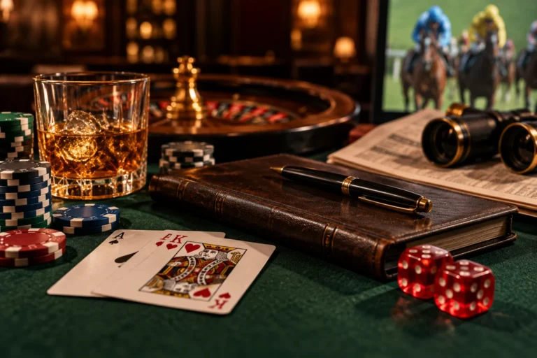 Gambling quotes featured image with casino chips, cards, roulette and horse racing