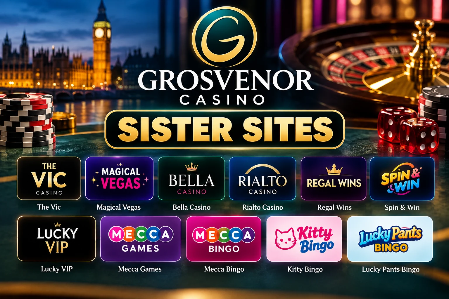 Grosvenor Casino sister sites including The Vic, Magical Vegas, Bella Casino, Mecca Bingo and other Rank Interactive brands