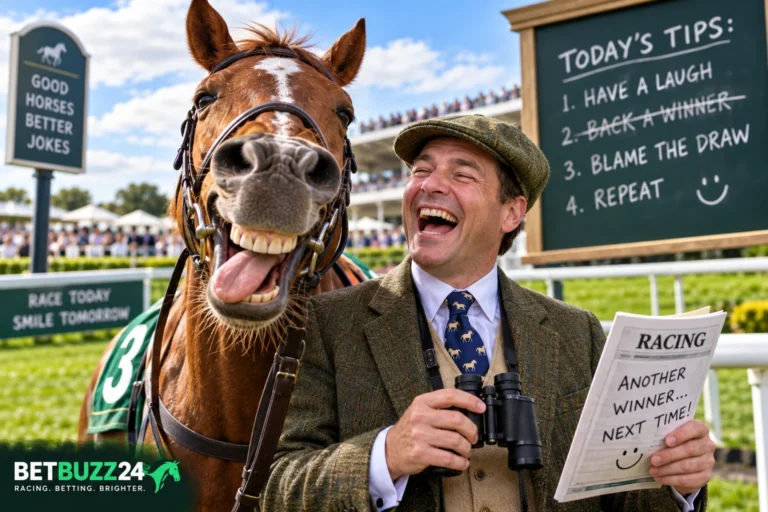 Horse racing jokes featured image with a laughing racegoer and funny racehorse