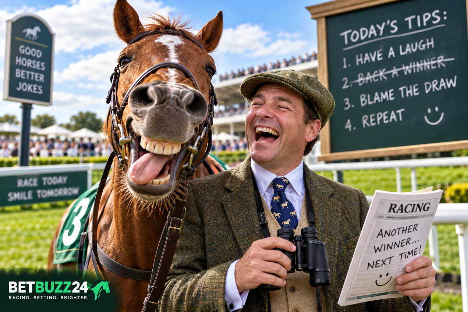 Horse racing jokes featured image with a laughing racegoer and funny racehorse
