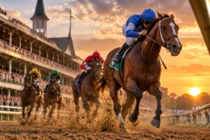 Horse racing quotes featured image showing jockeys competing on a racecourse