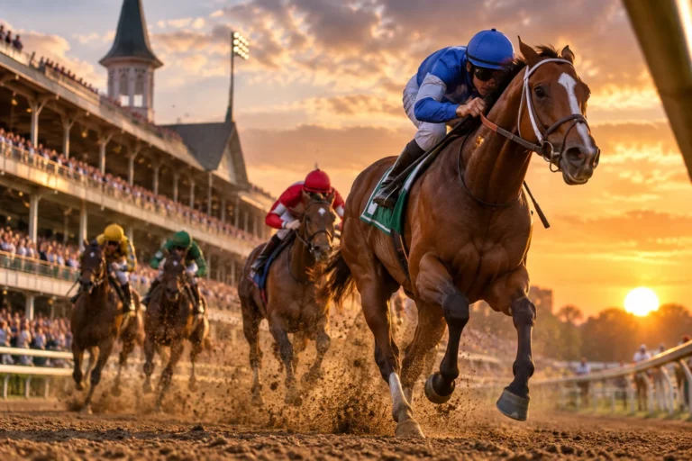 Horse racing quotes featured image showing jockeys competing on a racecourse