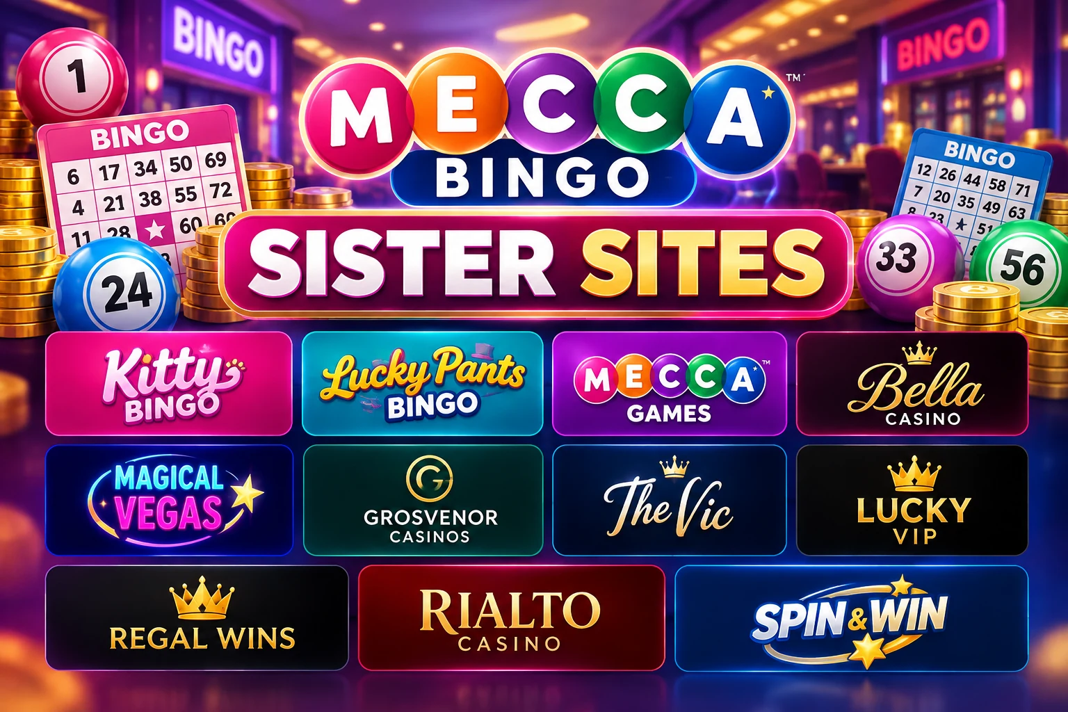 Mecca Bingo sister sites including Kitty Bingo, Lucky Pants Bingo, Mecca Games, Bella Casino and other Rank Interactive brands