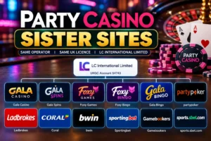 Party Casino sister sites showing Gala Casino, Gala Spins, Foxy Games, Foxy Bingo, Gala Bingo, partypoker, Ladbrokes, Coral, bwin and other LC International brands