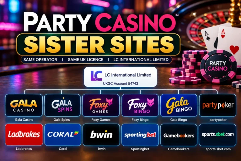 Party Casino Sister Sites: Current Entain & LC International Brands 10 Party Casino sister sites showing Gala Casino, Gala Spins, Foxy Games, Foxy Bingo, Gala Bingo, partypoker, Ladbrokes, Coral, bwin and other LC International brands
