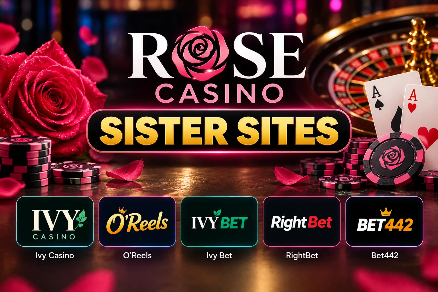 Rose Casino sister sites showing Ivy Casino, O’Reels, Ivy Bet, RightBet and Bet442