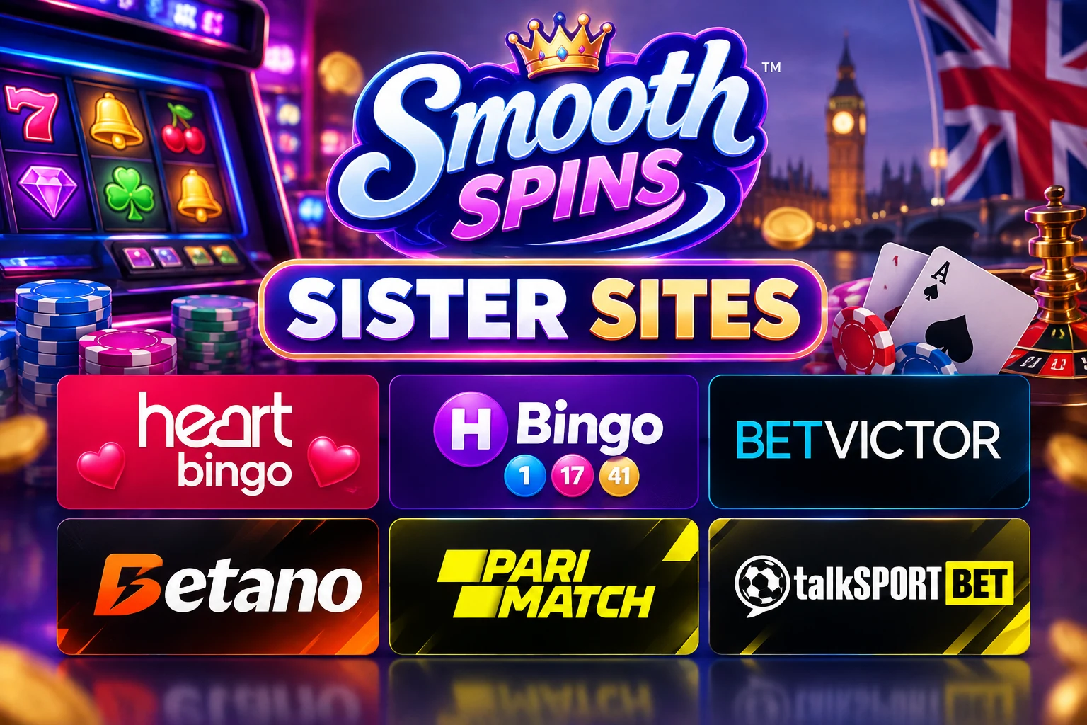 Smooth Spins sister sites including Heart Bingo, HBingo, BetVictor, Betano, Parimatch and talkSPORT BET