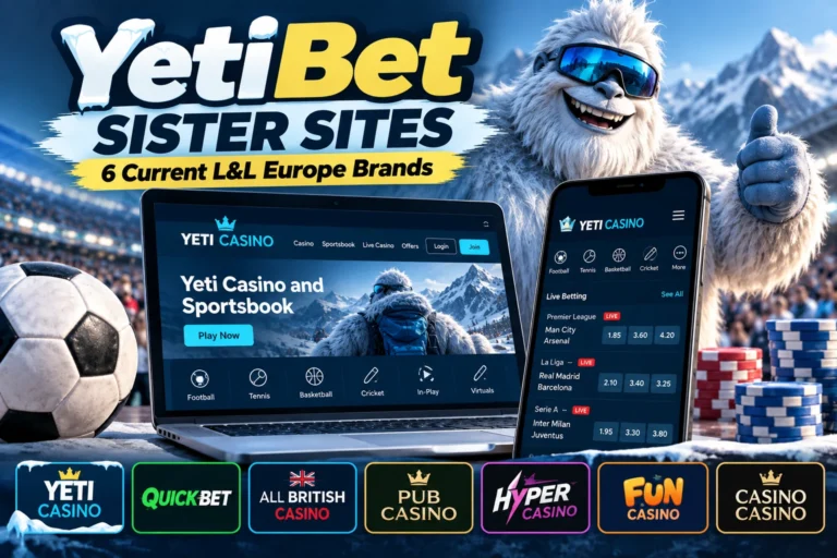 YetiBet sister sites showing six current L&L Europe betting and casino brands