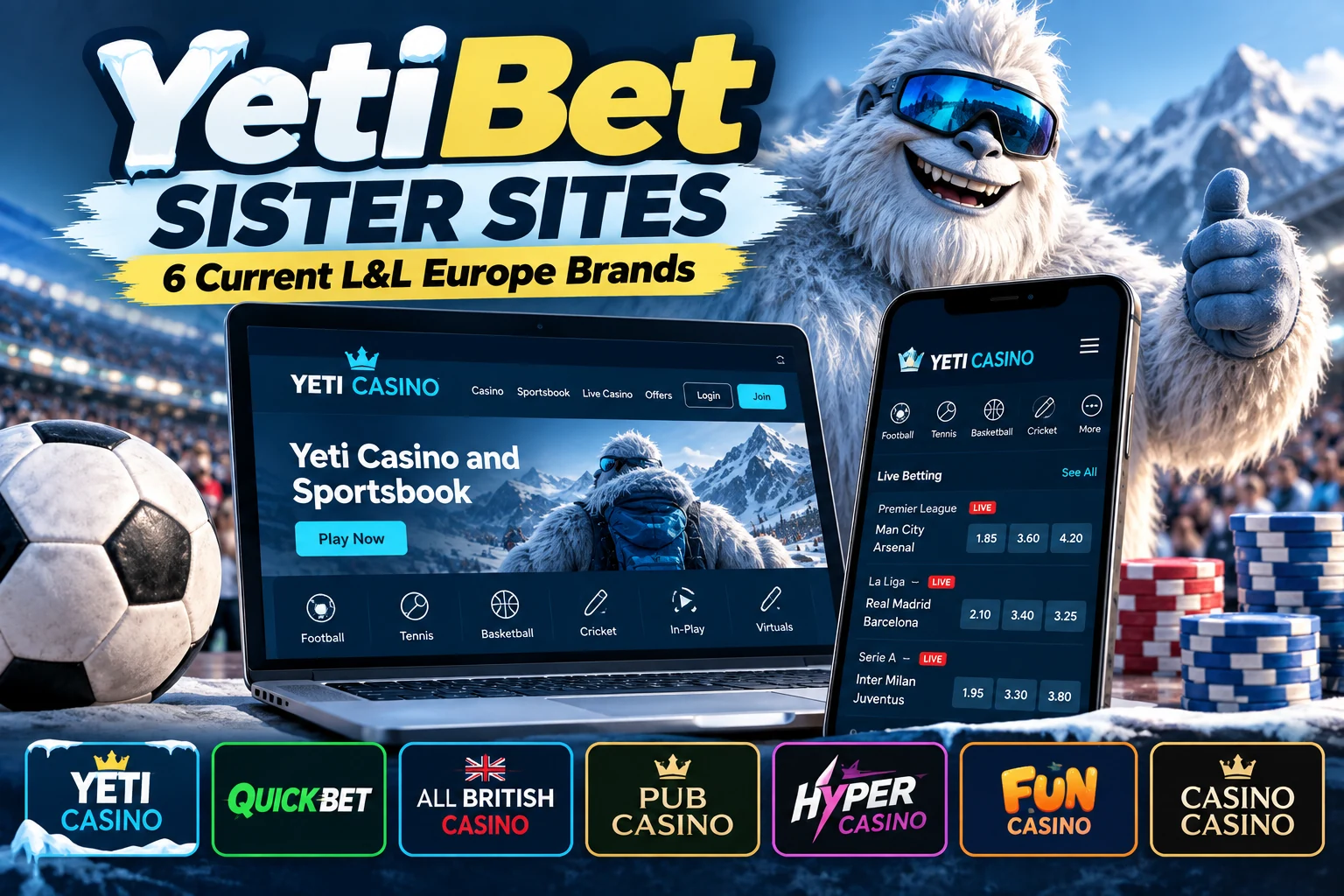 YetiBet sister sites showing six current L&L Europe betting and casino brands