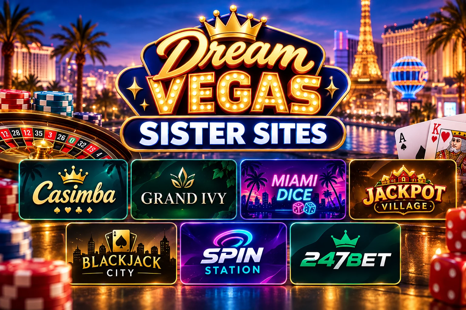 Dream Vegas sister sites including Casimba, Grand Ivy, Miami Dice, Jackpot Village, Blackjack City, Spin Station and 247Bet