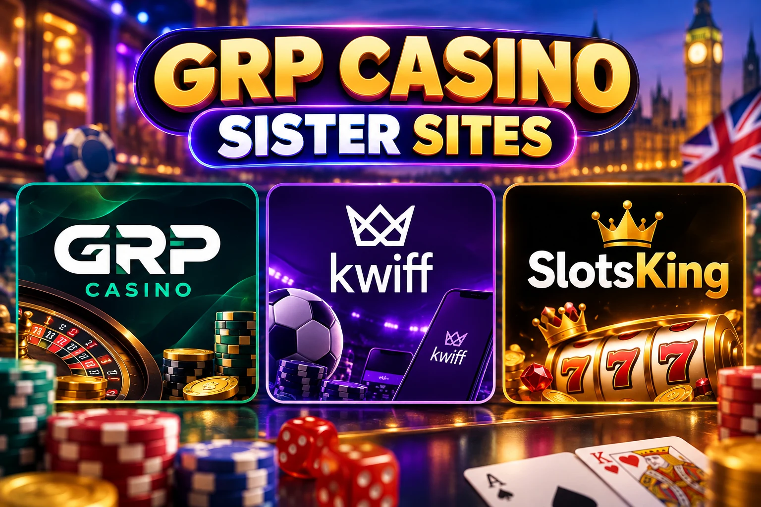 GRP Casino sister sites showing Kwiff and SlotsKing under Eaton Gate Gaming
